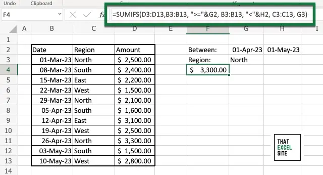 How to use Excel SUMIFS() with a date range and equal to another value