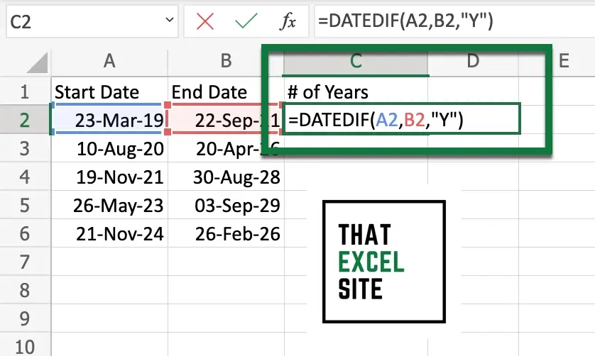 How to use the DATEDIF() function to calculate the number of years between two dates
