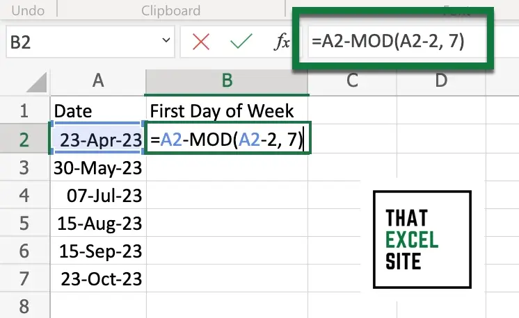 How to use the MOD() function to calculate the Monday of a week