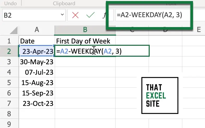 How to use the WEEKDAY() function in Excel to calculate the week start