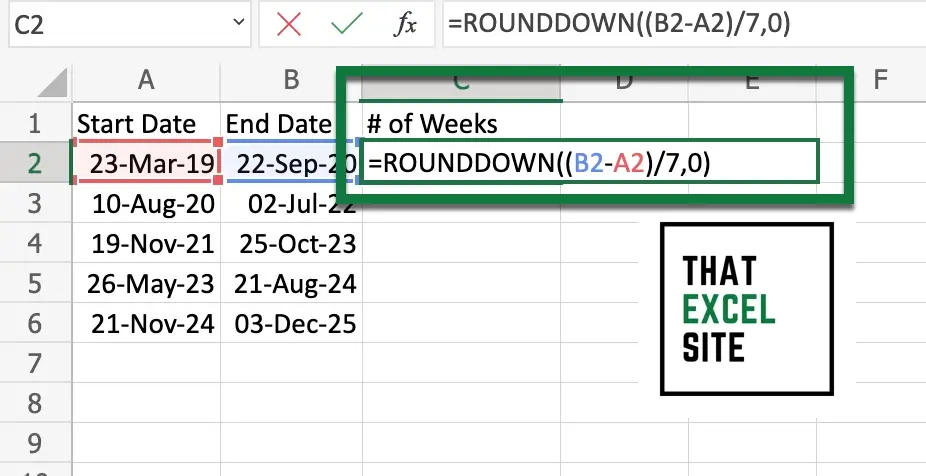Round down your division result using the ROUNDDOWN() function