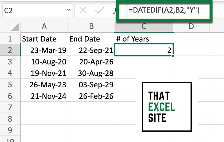 The DATEDIF() function can calculate the number of whole years between two dates