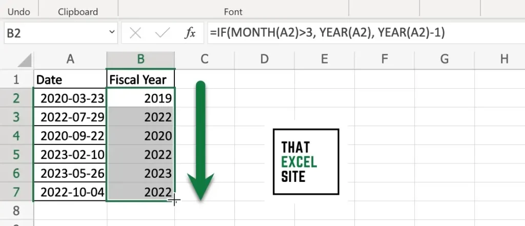 The Fill Handle can be used to copy the fiscal year down for all cells