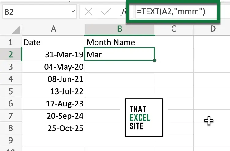 The TEXT() function can be used to get the name of the month from a date in Excel