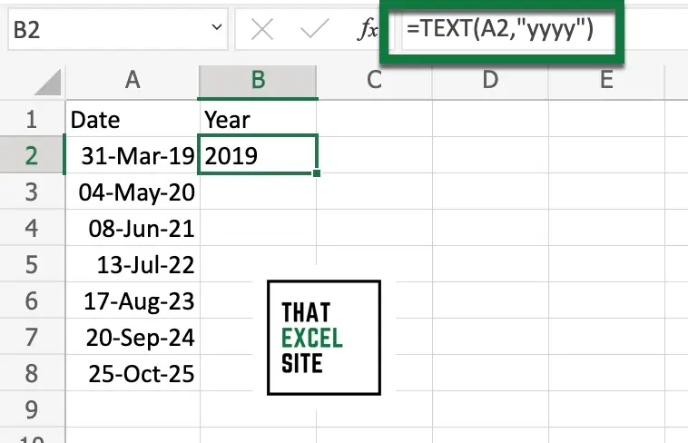 The TEXT() function can be used to return a text containing the year from a date