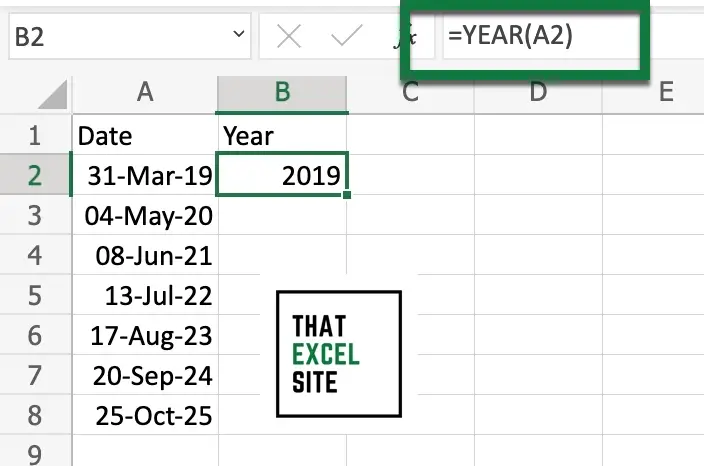 The YEAR() function returns a number containing the date's year