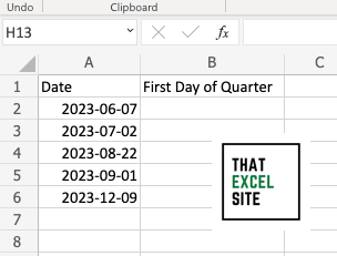 The dataset we're using to calculate the first day of a quarter in Excel