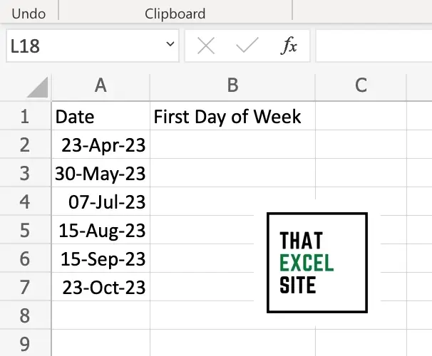 The dataset we're using to calculate the first day of the week in Excel