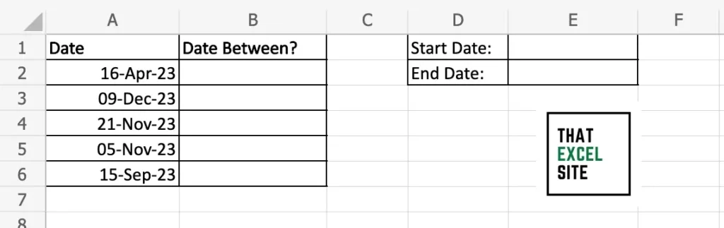 The dataset we're using to check if a date is between two dates in Excel