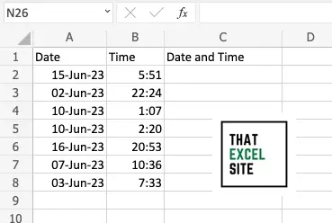 The dataset we're using to combine date and time in Excel
