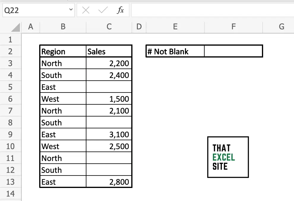 The dataset we're using to count not blank values in Excel