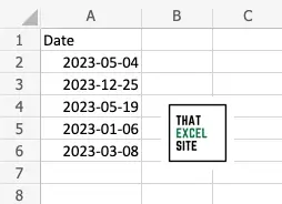 The dataset we're using to get quarters from a date in Excel