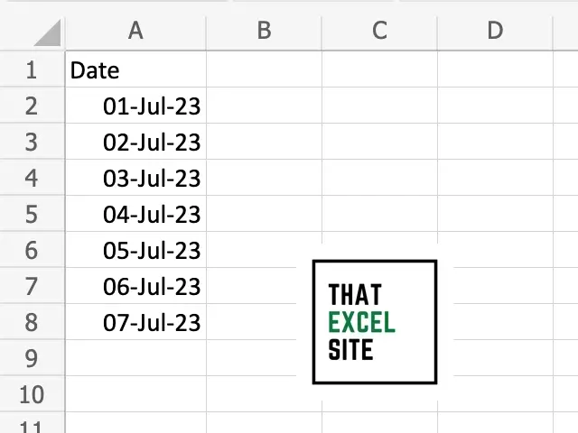 The dataset we're using to get weekdays in Excel