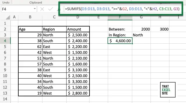 Use Excel SUMIFS() to add values between two values and another condition