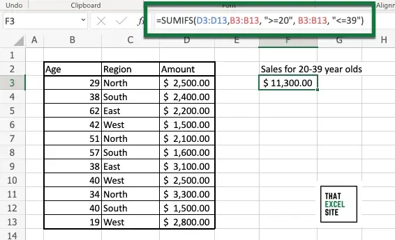 Use Excel SUMIFS() to add values between two values in another column
