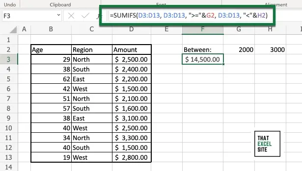 Use Excel SUMIFS() to add values between two values