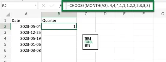 Use the CHOOSE() function to get the fiscal quarter from a date