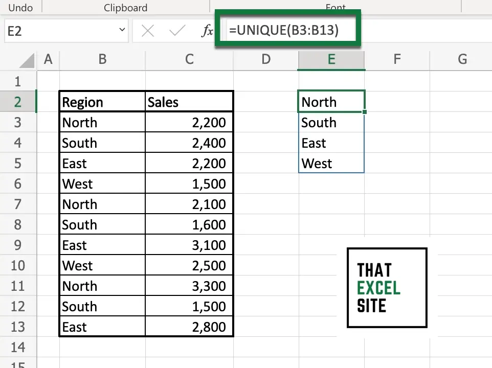 Use the UNIQUE() function to get unique values from a range of values