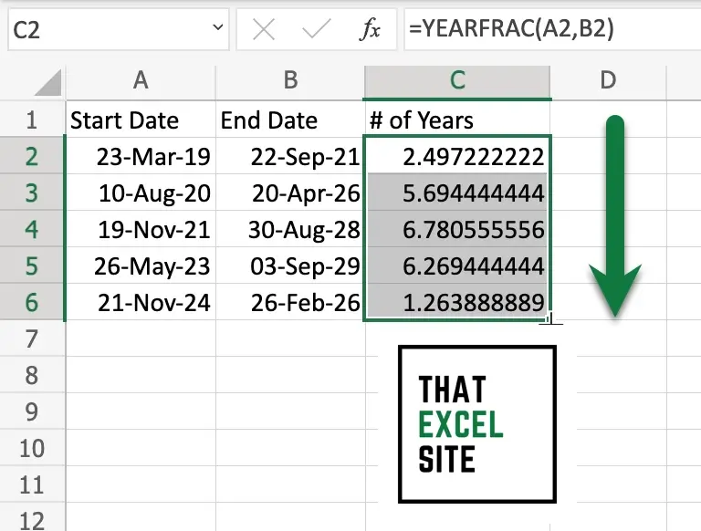 Use the fill handle to calculate the number of years between all dates