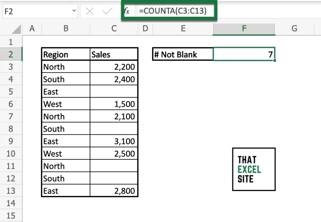 Using COUNTA() to count not blank cells in Excel