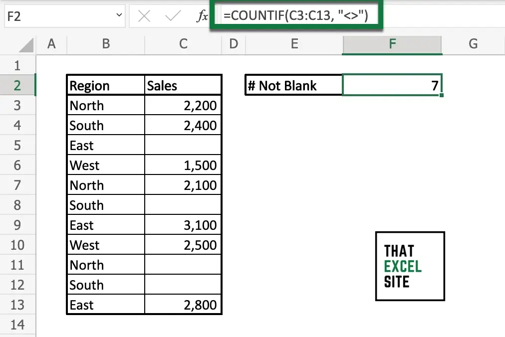 Using COUNTIF() to count the number of not blank cells in Excel