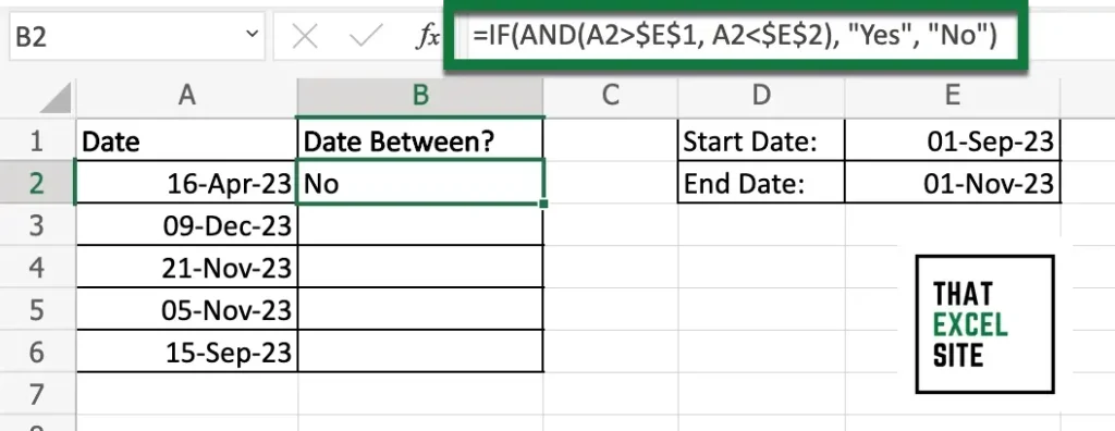 Using a custom label to show if a date exists between two dates in Excel