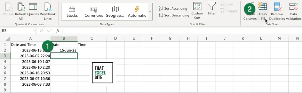 Using flash fill to get all the dates from a datetime in Excel