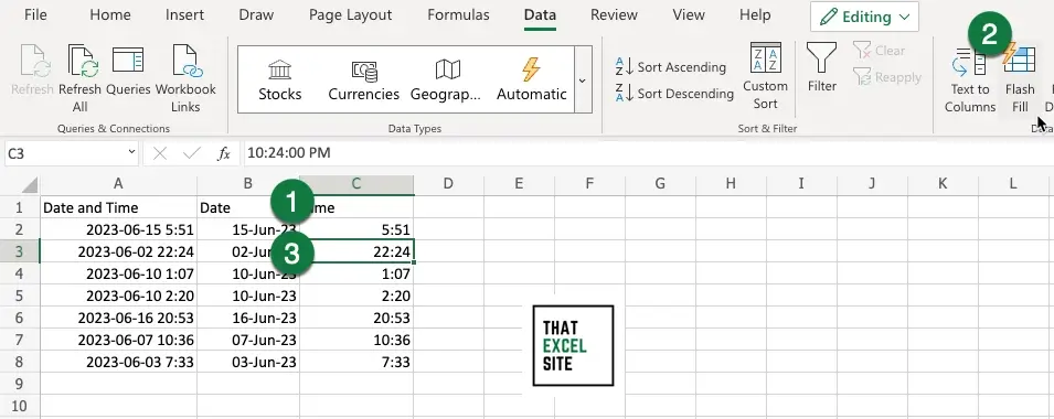 Using flash fill to get all the times from a datetime in Excel