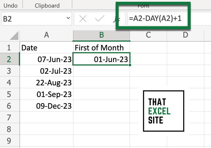 Using the DAY() Formula to Return the First Day of the Month in Excel