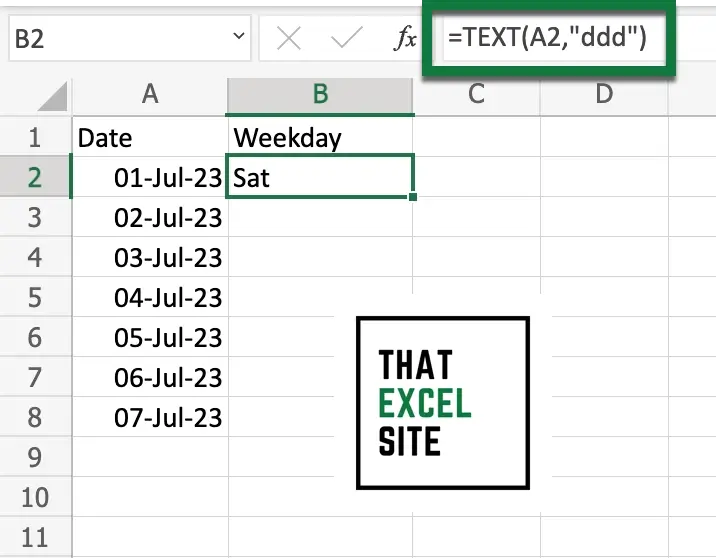 Using the TEXT() function to get the weekday name from a date in Excel